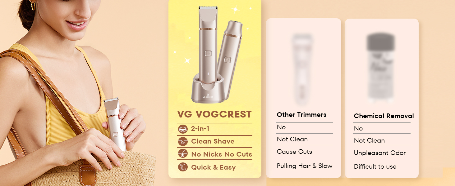 Електричний триммер для бікіні VG VOGCREST: безболісний жіночий депілятор для тіла, для рук, ніг, зони бікіні (рожеве золото)
