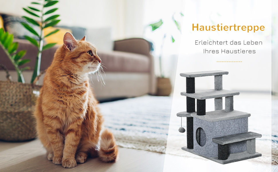 Сходинка для собак PawHut з 3/4 сходинок, 66 см, з гніздом для сну, м'ячиком, для котів та собак середніх порід, сірого кольору