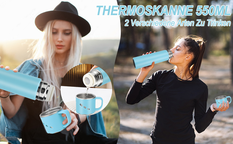 Термос з нержавіючої сталі 550 мл - термос-пляшка без протікань з чашкою та ручкою, вакуумний термокухоль 12 год гаряче / 12 год холодне, неслизький келих для кави в дорозі для спорту, роботи, школи, авто (Блакитний)