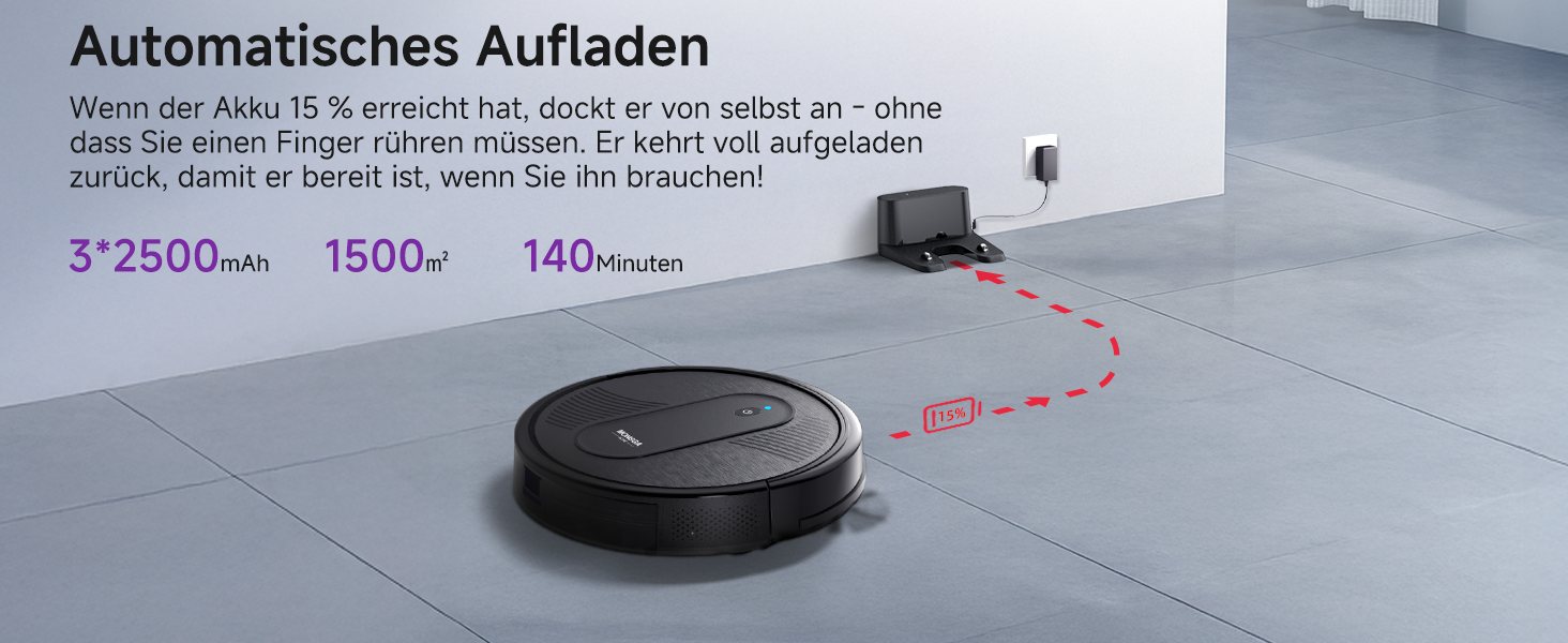 Робот-пилосос MONSGA 3-в-1 з функцією миття, 3000PA, безщітковий двигун, 140 хвилин роботи, чорний. Ідеально для шерсті тварин, килимів та твердих підлог.