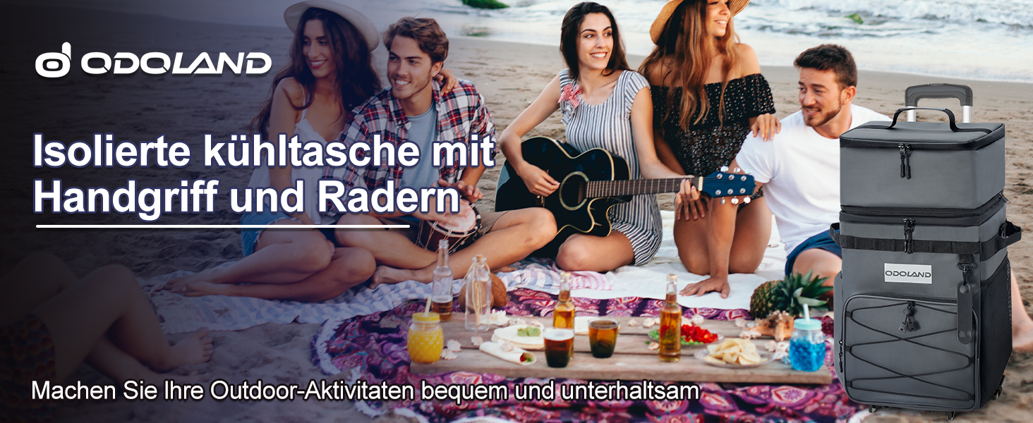 Термосумка Odoland 72 літри з колесами та ручкою – сіра. Ізольована сумка-холодильник для пікніка, пляжу, кемпінгу, подорожей. Витримує 72 банки. Водонепроникна та витікання не допускає.