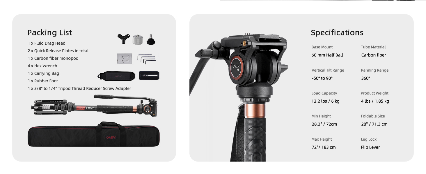 Штатив відео Cayer CF34DV з вуглецевого волокна 71 дюйм, з шарнірним голковим кріпленням та триногим основанням для DSLR-камер та відеокамер, з додатковою ковзною платформою