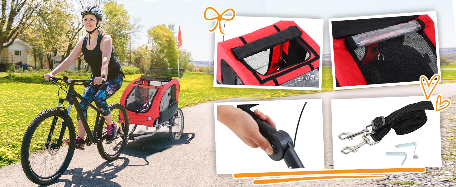 PawHut Причіп для собак 2-в-1, велосипедний причіп для собак, візок для собак з відбивачами, прапорцем, причіп для собак PawHut, оксфордська тканина (Червоний+Чорний)