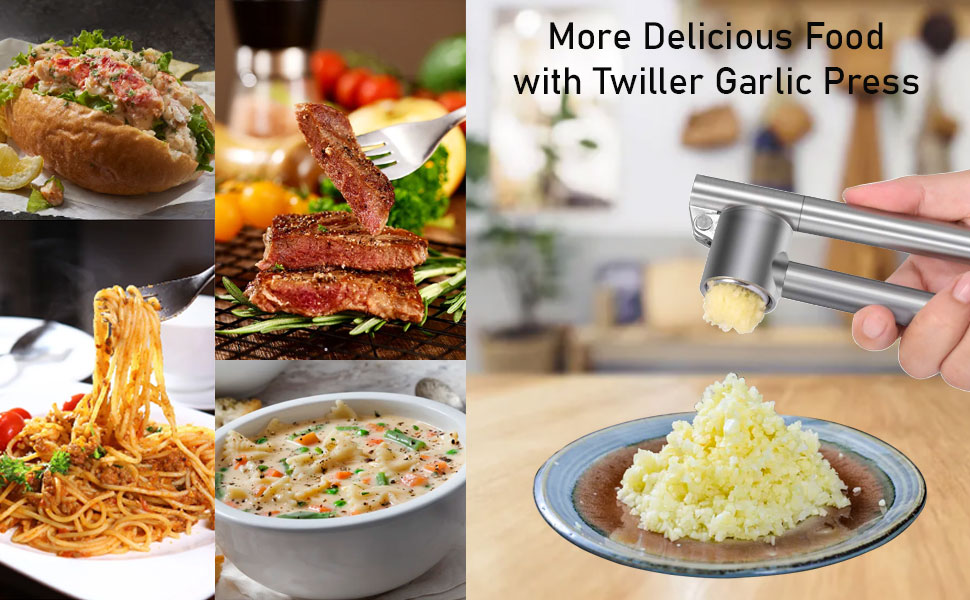 Прес для часнику з нержавіючої сталі, кухонний аксесуар, 18 см, подрібнювач часнику з очищувачем та щіткою, придатний для миття в посудомийній машині, срібний