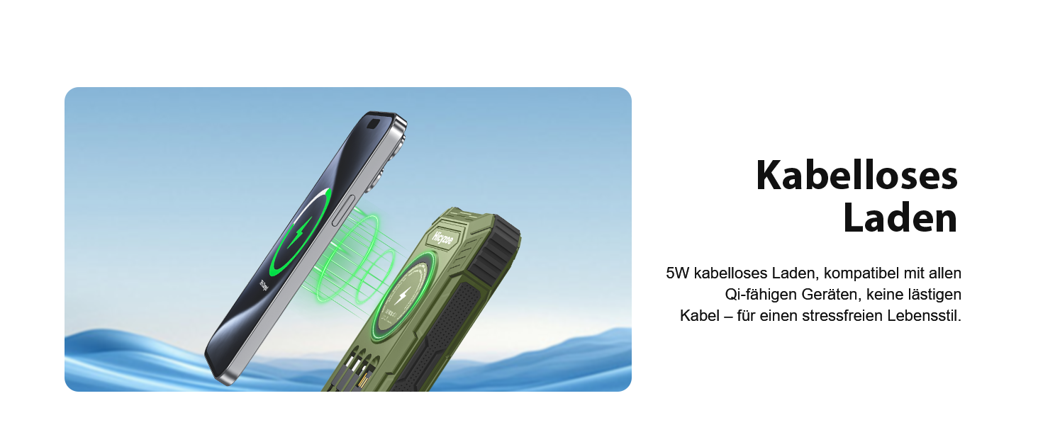 Сонячний повербанк 26800 mAh з 4 кабелями, швидка зарядка USB-C, Qi бездротова зарядка, LED ліхтарик - для телефонів, планшетів, кемпінгу (Зелений)
