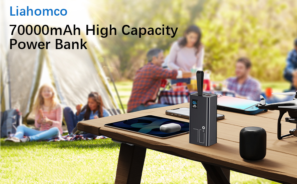 Powerbank Upgrade 70000 mAh: Швидка зарядка 30W PD, 5 виходів USB-C, LED дисплей, портативний зарядний пристрій для iPhone, кемпінгу - Чорний