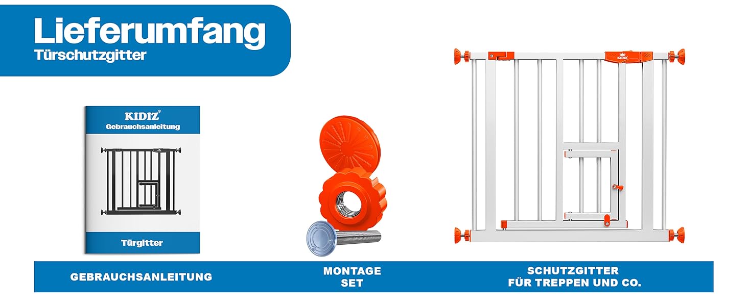 Захисне ворота KIDIZ для дітей з люком для котів, без свердління | Захист від падіння, поворотне, біле/помаранчеве, ширина 74-80 см