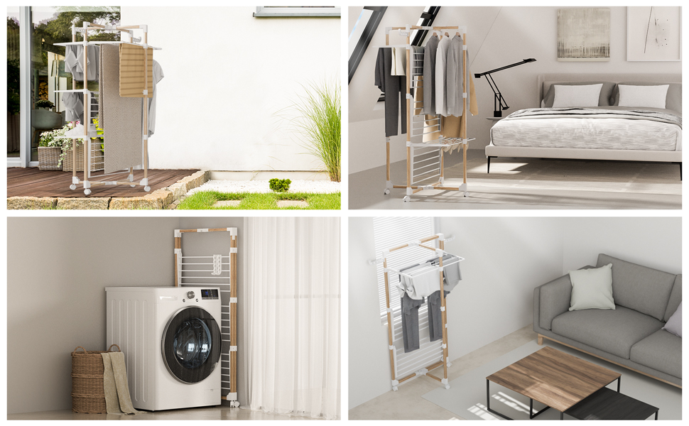 Сушарка для білизни VOUNOT Tower 3 рівні, складана, біла, з колесами - 25м, імітація дерева