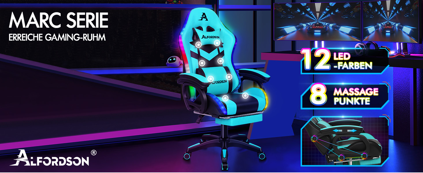 Ігровий крісло ALFORDSON з 8-точковим масажем, RGB LED-підсвічуванням (12 кольорів), ергономічний офісний крісло з підніжкою, підголівником та поперековою подушкою для дітей та дорослих, з PU-шкіри (Цянь)