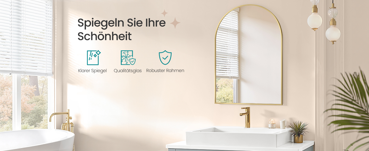 Дзеркало для ванної кімнати SONGMICS, настінне, з алюмінієвою рамою, 91 x 61 см, з захисною плівкою, 2 способи кріплення, для ванної, спальні, вітальні, LWM010BD01 (овальне, світло-золоте)