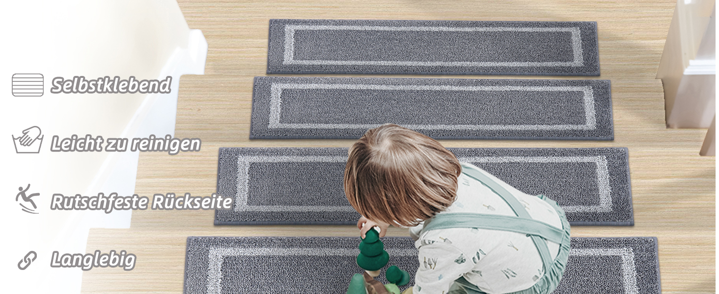 Ковзаючі килимки на сходи COSY HOMEER, 70x22 см, 15 шт., самоклеючі, з антиковзаючою основою, машинне прання, 100% поліестер, TPE, сірий колір