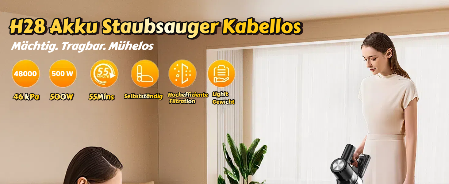 Бездротовий акумуляторний пилосос 48KPa/500W/55хв з LED-дисплеєм та станцією для зарядки, для прибирання шерсті тварин, килимів, твердих поверхонь та авто, чорний