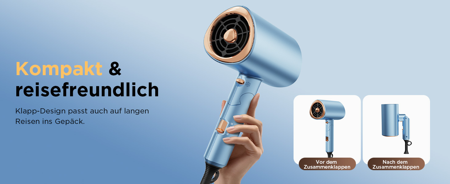 Складаний фен з іонізацією 2000 Вт, професійний, швидко сушильний, 2 швидкості, 3 режими нагріву, холодний струмінь, дифузор, концентратор, гребінці для укладки, для чоловіків та жінок, у подорожі