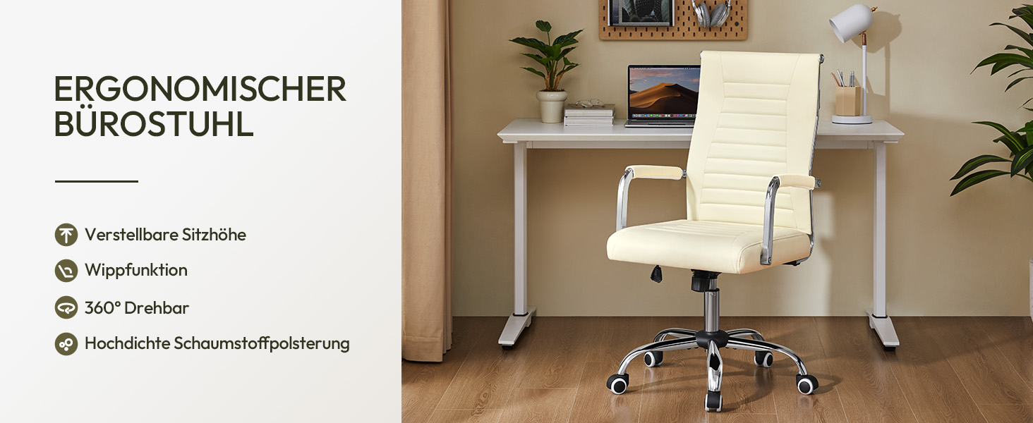 Офісне крісло Yaheetech з підлокітниками, ергономічне, для офісу, комп'ютерне, для начальника, висока спинка, з функцією гойдання, до 136 кг, бежеве