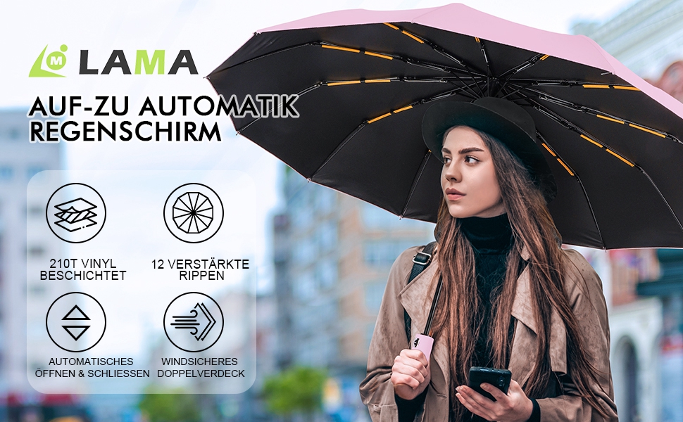 Зонт LAMA: Стійкий до вітру, автоматичний, 105 см, 12 спиць, нейлон, анти-UV, рожевий