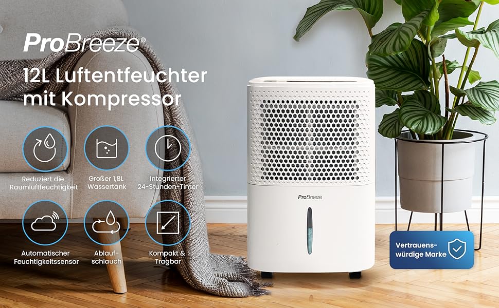 Осушувач повітря Pro Breeze 12 л/24 год для кімнат до 120 м³, з цифровим дисплеєм, таймером, дренажним шлангом, 3 режимами, проти вологи і плісняви, білий