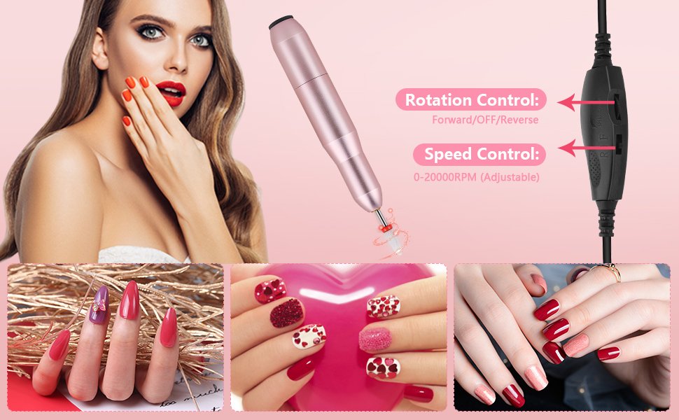 Електрична нігтьова пилка для гелю та нігтів: професійний набір для манікюру та педикюру Rose з USB, 20000 об/хв, регульована швидкість