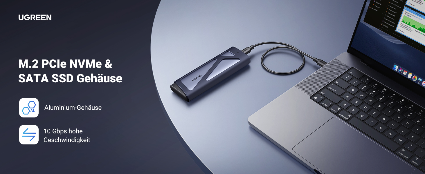 Зовнішній корпус для SSD UGREEN M.2 NVMe та SATA, USB 3.2 Gen 2, швидкість 10 Гбіт/с, алюмінієвий