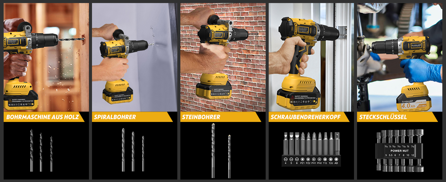 Акумуляторний дриль-шурупокрут SundpeyPRO 21V з ударною функцією, 120 Nm, 2 x 4000mAh, 20+3 ступені крутного моменту, 13 мм патрон, 2 швидкості, LED