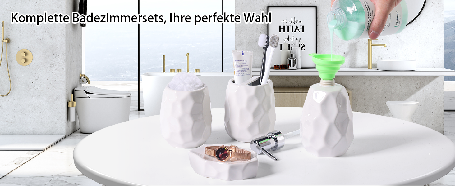 Набір аксесуарів для ванної кімнати, 4 шт: диспенсер для мила, мильниця, тримач для зубних щіток, стаканчик для зубних щіток, органайзер для ванної кімнати, сучасний дизайн (білий)