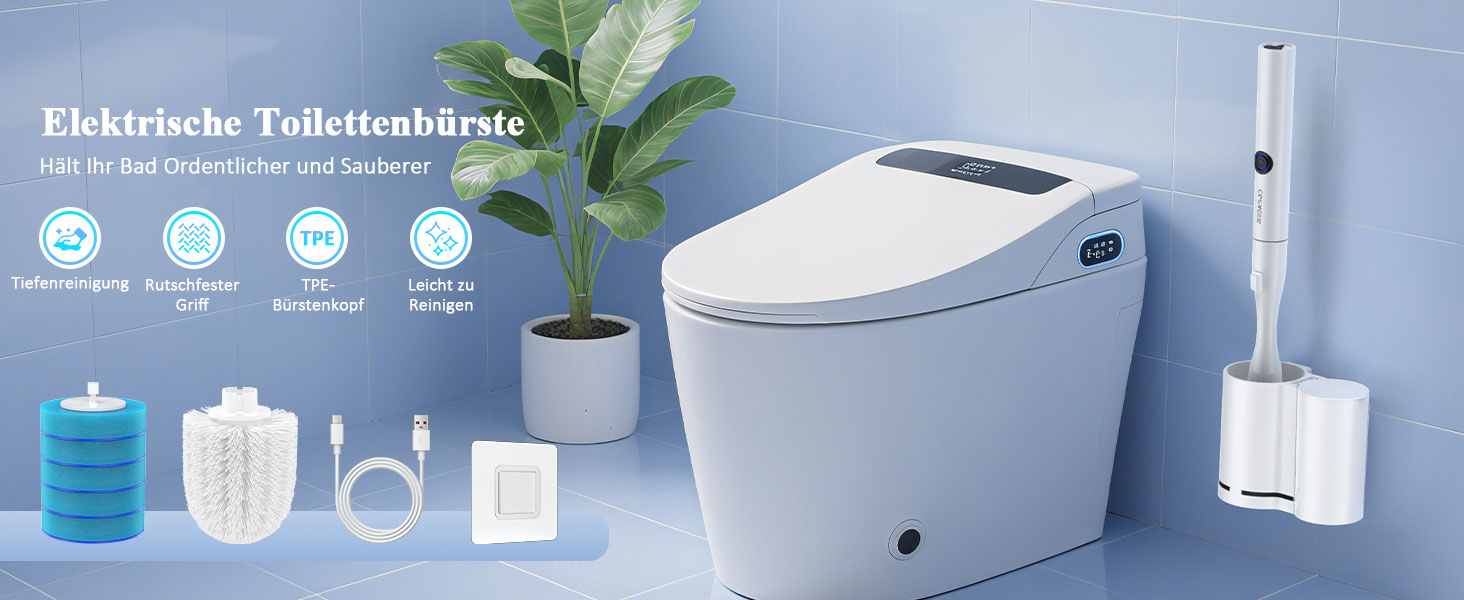 Електрична щітка для унітазу Redagod з настінним кріпленням, подвійним контейнером та змінною насадкою (5 одноразових серветок) з бризкозахистом, 1 шт.