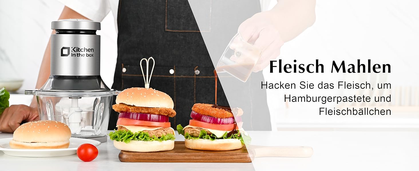 Електричний подрібнювач Zerkleinerer Kitchen in the Box 400W зі скляною (1л) та сталевою (2л) чашами для м'яса, овочів, фруктів та дитячого харчування, сріблястий