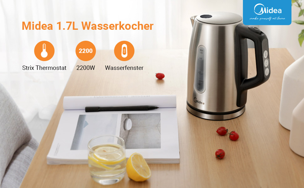 Midea 1.7L Electric Kettle - Stainless Steel, Fast Boil, LED Display, 360° Base, Boil Dry Protection