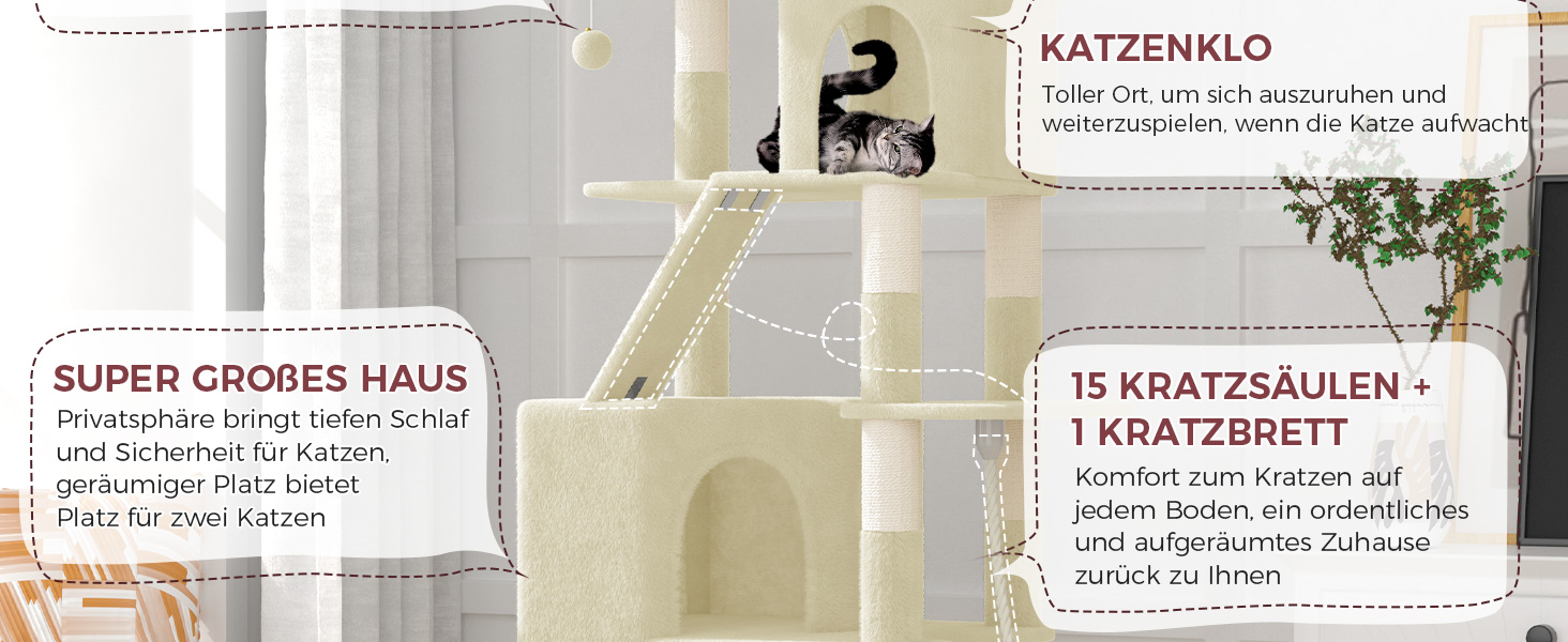 Великий котячий будиночок Kratzbaum 208 см з 3 анти-перекидною системою. Стабільний котячий будиночок XXL з 15 стовпчиками для дряпання, 2 платформами, 2 печерами, 1 рампою для дряпання та гамаком. Для великих котів (Бежевий)