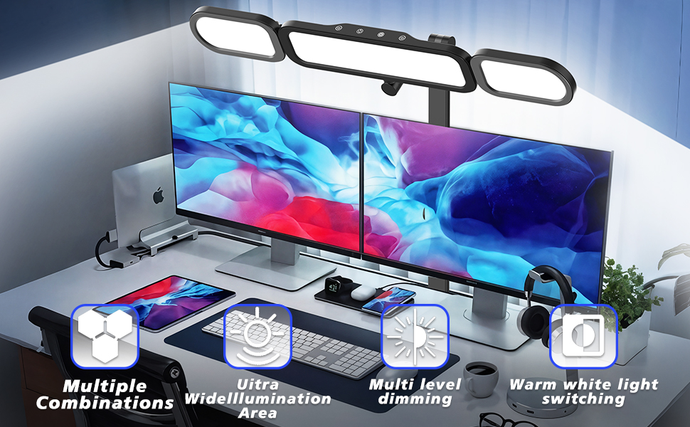 LED-лампа для столу Nuero з кріпленням, регульована, для дому та офісу, димерна, захищає очі, сучасний дизайн (4 секції)