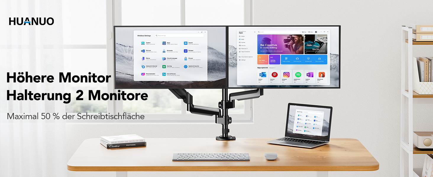 Кріплення для монітора HUANUO на 2 монітори, 13-32 дюйми, регульована висота, довгий важіль, VESA 75/100 мм, вантажопідйомність 2-9 кг, для геймінгу