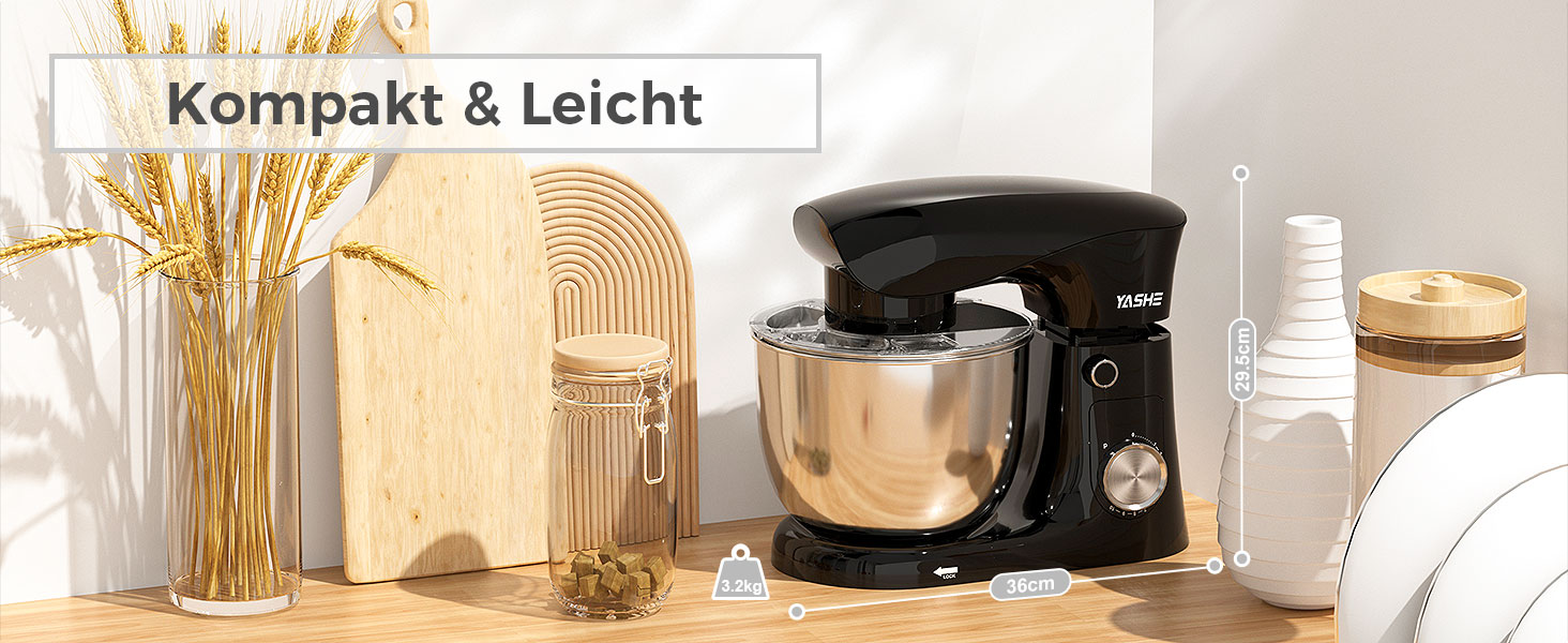 Кухонна машина YASHE 1500W з чашами 4.5 та 5L, 10+ швидкостей, нахильний корпус, гак для тіста, вінчик та насадка для збивання, багатофункціональна