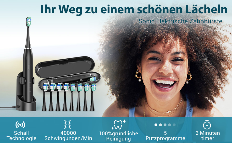 Електрична звукова зубна щітка для дорослих - відбілювання, ультразвукова, з кейсом для подорожей та зарядною станцією, 8 насадок, 5 режимів (Чорна)