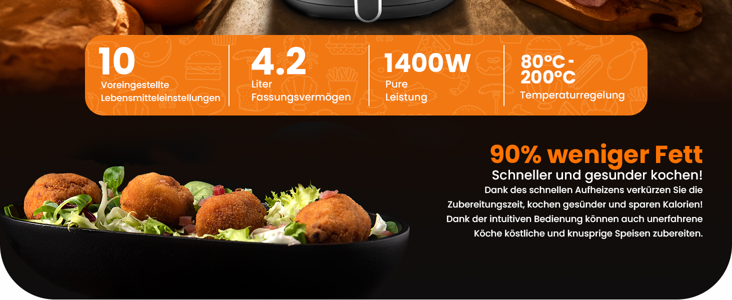 Аерофритюрниця Extralink 4.2L, 1400W з 10 функціями приготування, LED-сенсорний екран, економія енергії, 90% менше жиру