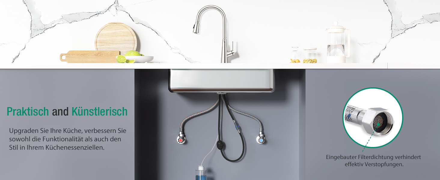 Кран кухонний CREA Wasserfall висувний з дозатором мила, нержавіюча сталь, 360° обертання, 4 режими, з душем