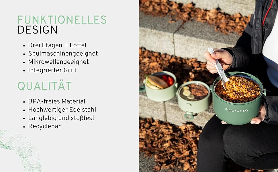 Бенто-бокс 'Elliot' 2400 мл, 3 секції з посудом, преміум нержавіюча сталь, зелений, без BPA, велика ланчбокс для дорослих, для Meal Prep, витримує мікрохвильову піч, не протікає