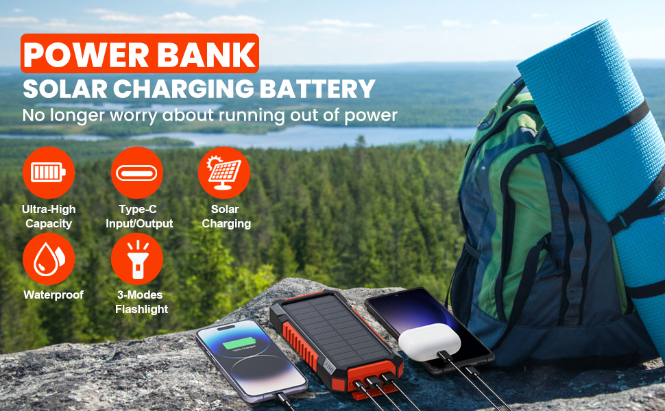 Сонячний павербанк 26800mAh з PD 15W, USB-C, подвійний акумулятор, ліхтарик та 3 виходи, для смартфонів, планшетів, кемпінгу, чорний
