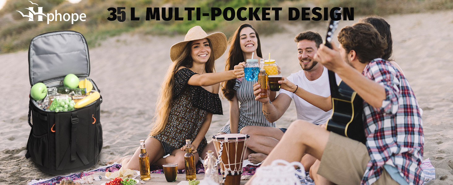 Рюкзак-холодильник HP Hope 35L, водонепроникний, ізольований, чорно-помаранчевий. Ідеально для пікніків, відпочинку на природі, кемпінгу та подорожей. Об'єм: 35 літрів, вміщує до 48 банок.