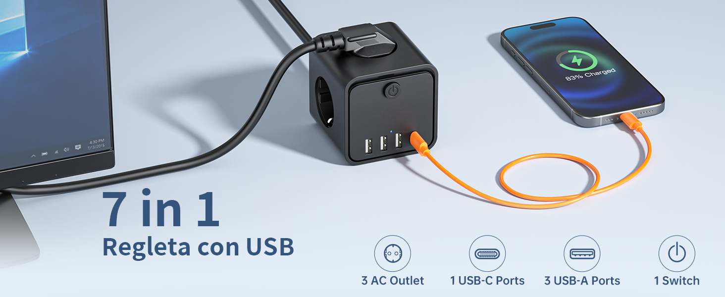 Мережевий фільтр подовжувач 7 в 1 з USB-портами, 3 розетки, з вимикачем, кабель 2 м, чорний — для дому та офісу