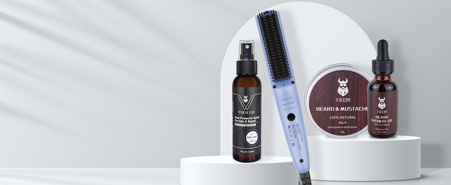 VIKICON Men's Beard Straightener - Mini Electric Beard Flat Iron, 30s Style Heated Brush Comb, Ionic Hair Straightener for Long & Short Beards (Blue)