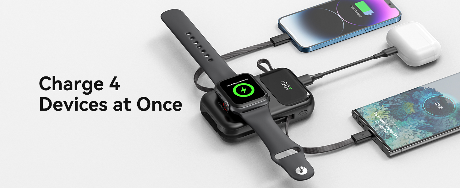 Power Bank Kuulaa для Apple Watch 10000mAh з LCD-дисплеєм та двома кабелями, 22.5W PD, сумісний з iPhone, iPad, Apple Watch 10/9/8/Ultra2/Ultra/SE