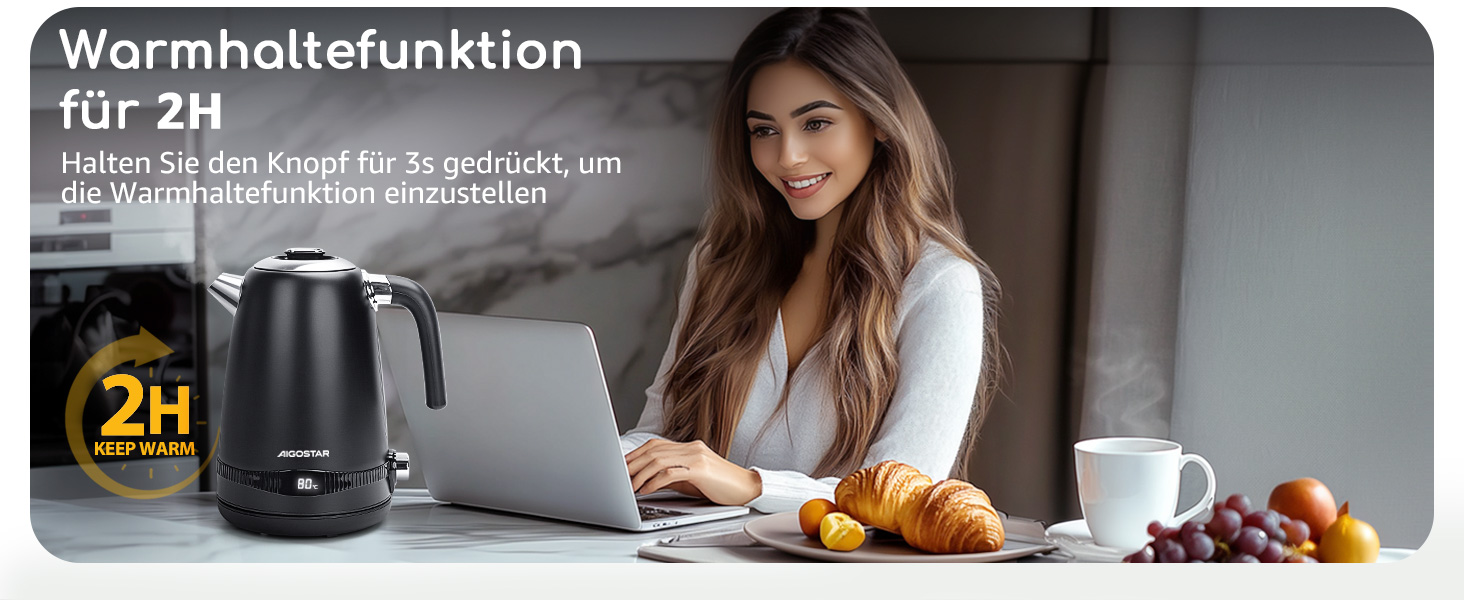 Електричний чайник Aigostar з регулюванням температури 1,7 л, ретро-дизайн, чорний матовий, цифровий дисплей, функція підтримання тепла, без пластику всередині, BPA-free