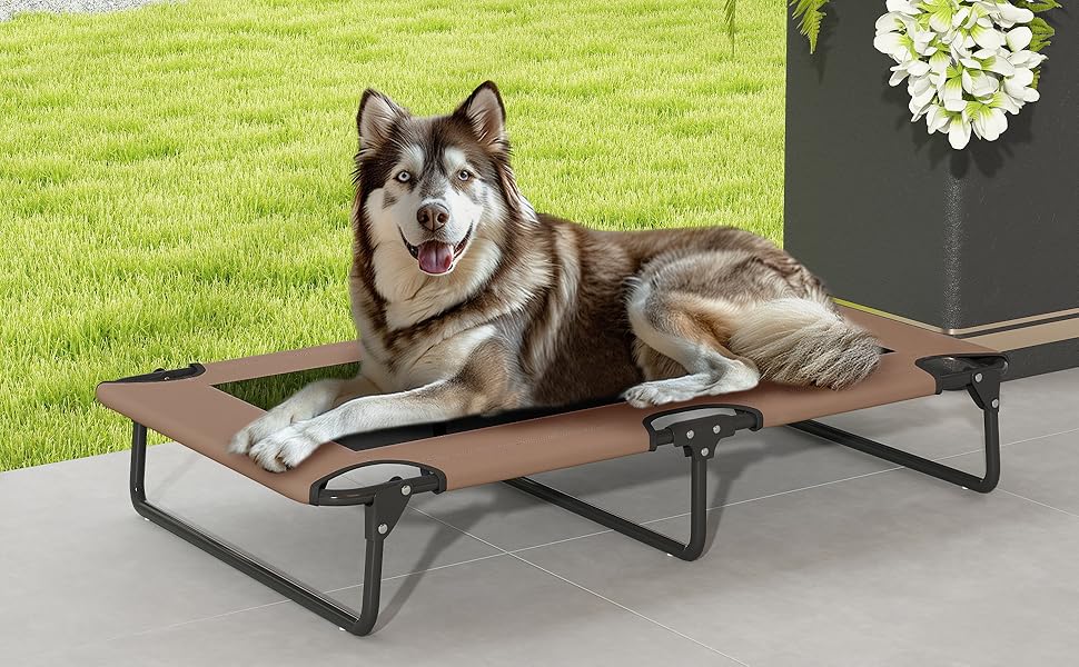 PawHut Лежанка для собак на вулицю, піднята лежанка для великих собак, складана лежанка для тварин з сітчастою рамою зі сталі, лежанка для тварин для вулиці, кемпінгу, 107x61x20 см, Кофе
