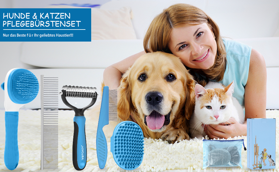 Набір щіток для собак, 5 шт. для грумінгу, самоочищувані, для великих та середніх собак, котів та дрібних тварин, для довгої та короткої шерсті, зменшує випадання шерсті, блакитний