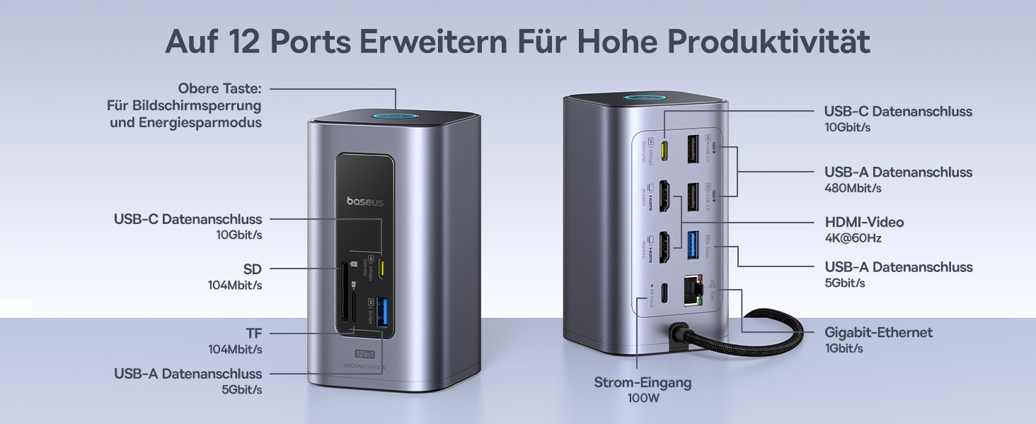 Базаус Док-станція USB-C 12-в-1 для ноутбуків Dell/HP/Lenovo/Asus/Acer/Mac: 2 монітори 4K HDMI, 10Gbps USB-C/A, 100W PD, Gigabit Ethernet