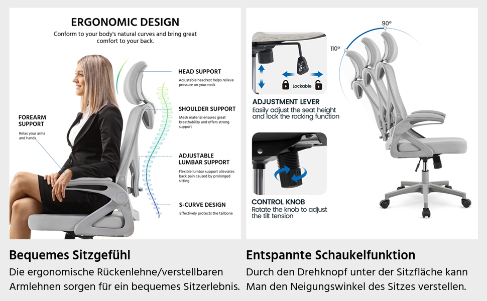 Офісний крісло Yaheetech ергономічне, з підйомними підлокітниками, поворотне з підголівником, для керівника, з функцією гойдання, до 136 кг, сірий