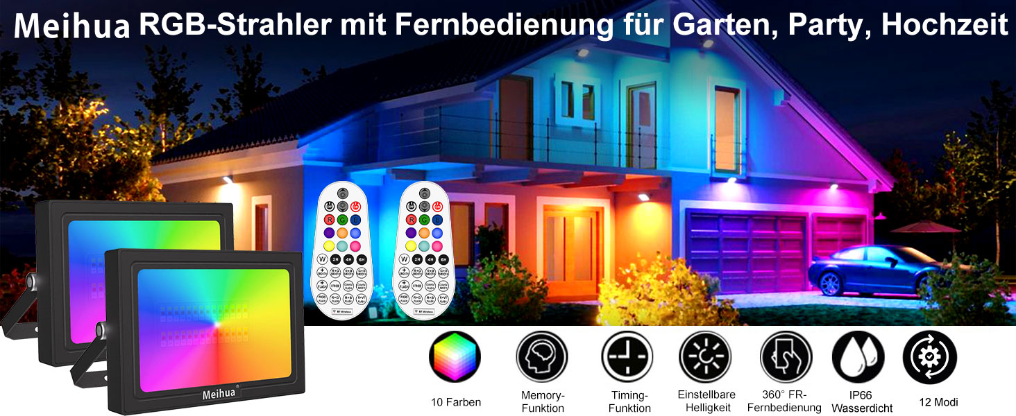 Світлодіодний RGB прожектор MEIHUA 2 шт, 35 Вт, IP66, дистанційне керування, 10 кольорів, 12 режимів, димірування, таймер, пам'ять, для вулиці та саду