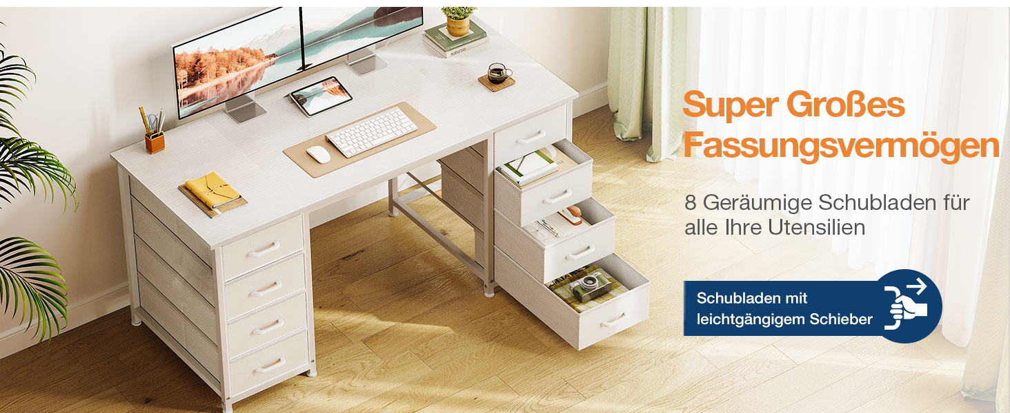 Комп'ютерний стіл Coleshome з 8 висувними ящиками з тканини, 140x48 см, білий. Зберігання, для офісу, дому, ігровий стіл.