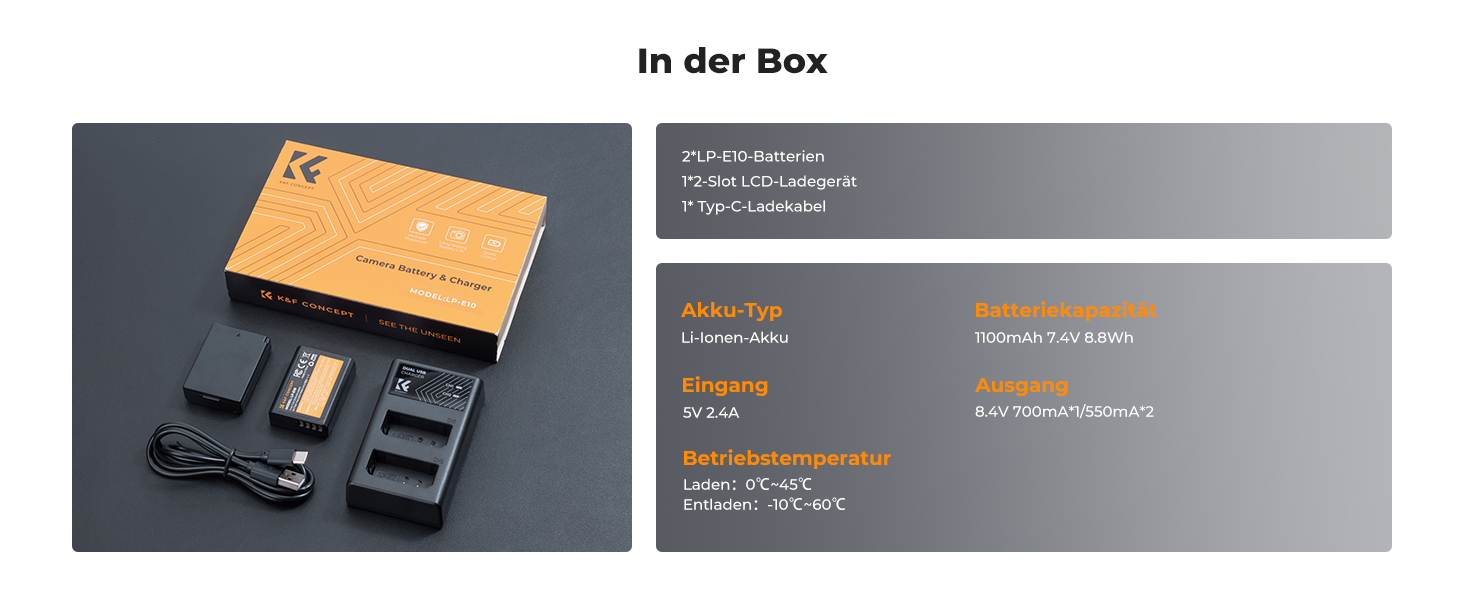 Акумулятор K&F CONCEPT LP-E10 (2 шт.) з подвійним зарядним пристроєм Micro USB/Type-C, сумісний з Canon EOS 1100D/1300D/1500D/1200D/X50
