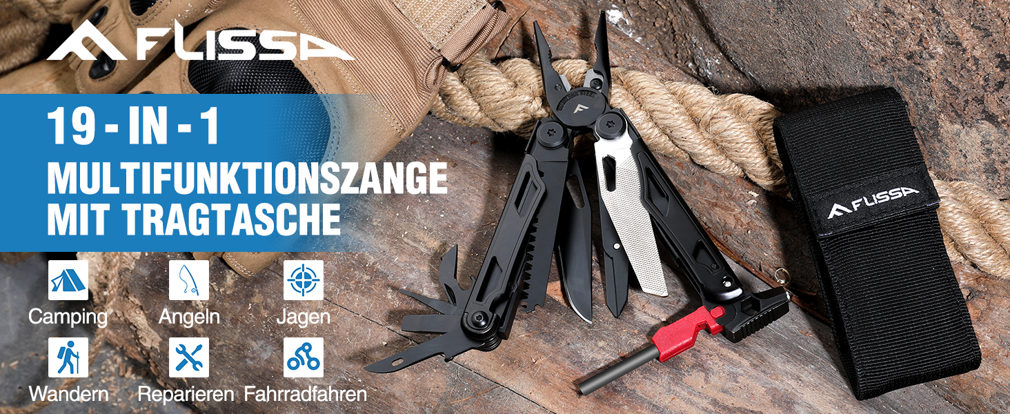 FLISSA 19-in-1 Multifunction Pliers - Survival Multitool with Glass Breaker & Fire Starter - Camping, Repair & Emergency Tool with Carrying Case