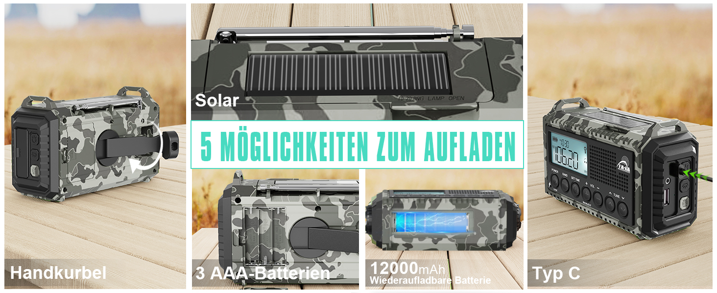Радіо на сонячній батареї та з ручним генератором | Powerbank 12000mAh | AM/FM/SW, SOS, USB-C, IPX4, ліхтарик | для кемпінгу та відпочинку на природі (Граутарт)